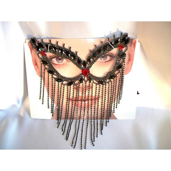 Harem mask, black rhinestone mask, dangle mask, costume masquerade cosplay mask - Picture 2 of 6